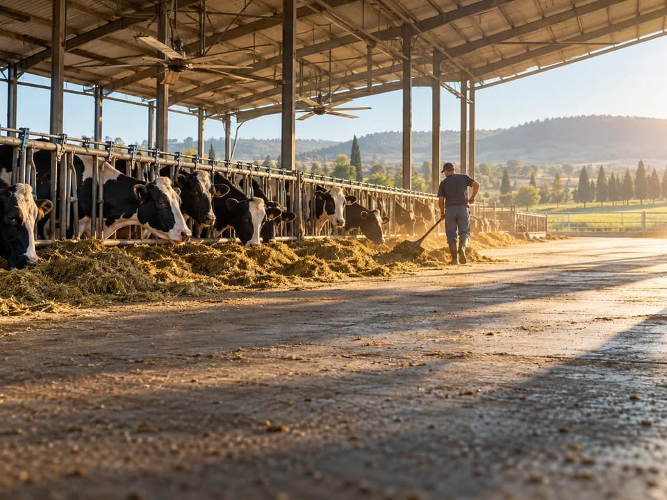 Holstein cows at the feed lane of an open-sided barn with large fans in northern Israel, milk quotas with blockchain in Israel