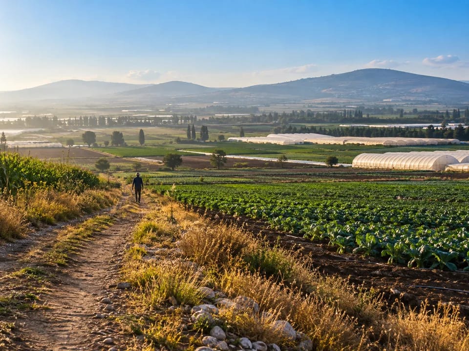 Fields and greenhouses of a farming cooperative in the Jezreel Valley with a person seen from behind on a track, rights on public land with blockchain in Israel