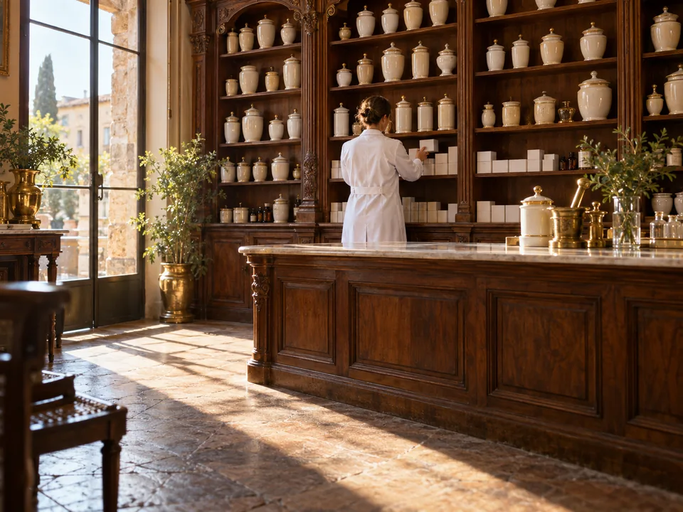 Pharmacist seen from behind placing medicine boxes on the walnut shelves of a historic Italian pharmacy, medicine traceability with blockchain in Italy