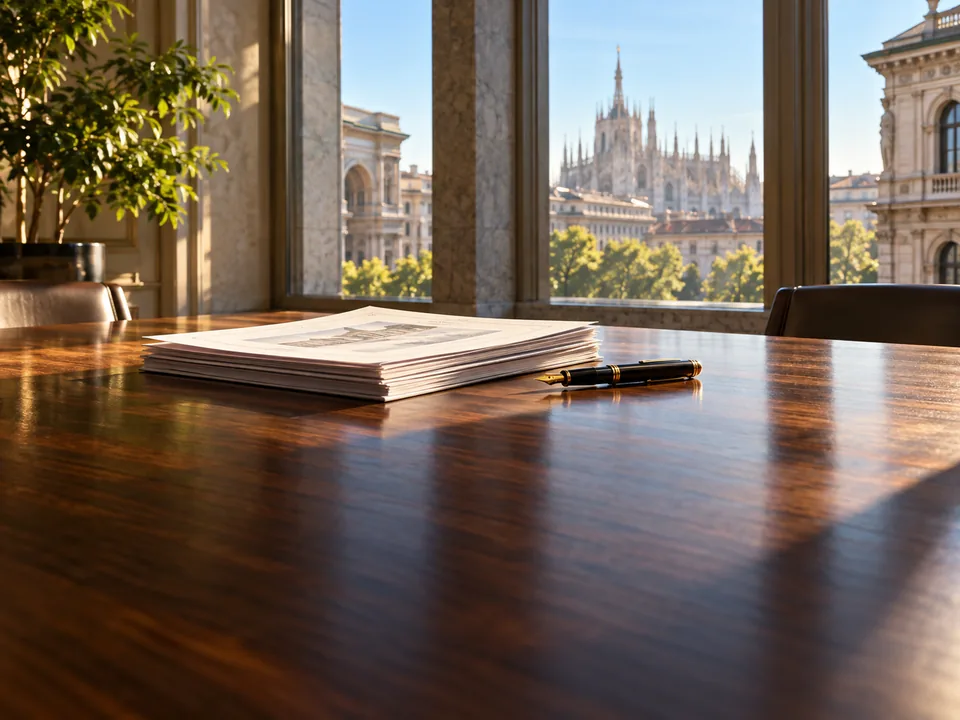 Issuance documents and a fountain pen on the walnut table of a meeting room in Milan, bonds in a digital register with blockchain in Italy