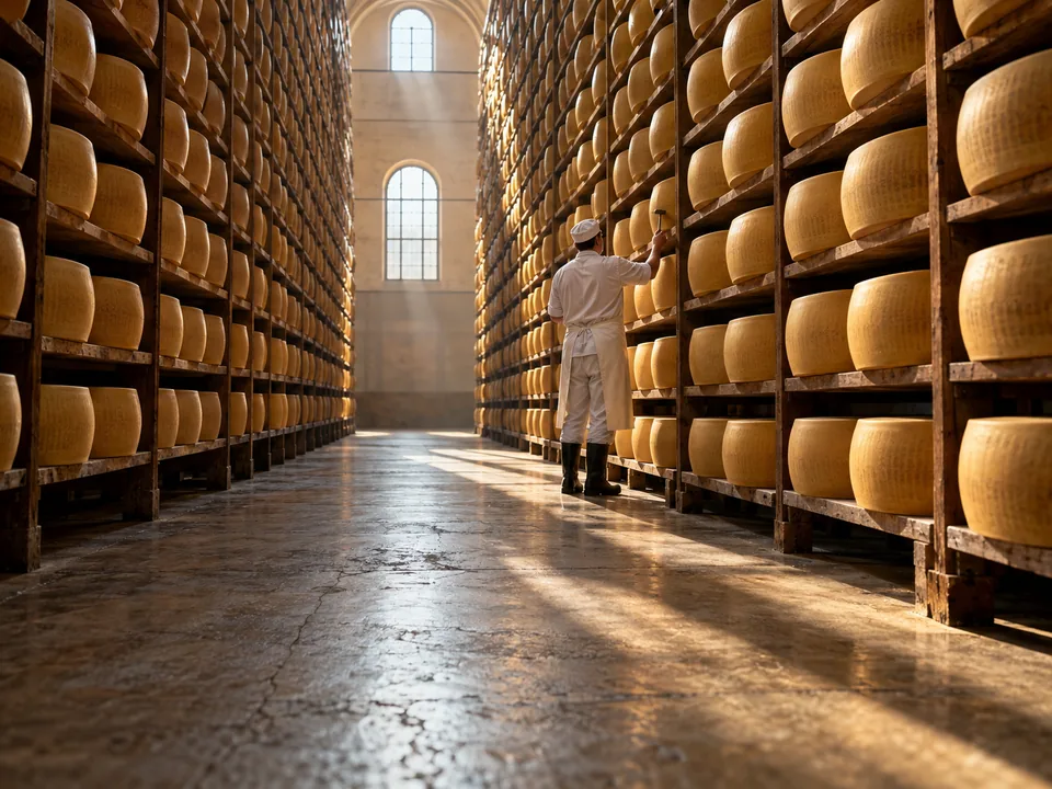Rows of Parmigiano Reggiano wheels on the wooden shelves of an ageing warehouse in Emilia, Parmigiano Reggiano traceability with blockchain in Italy
