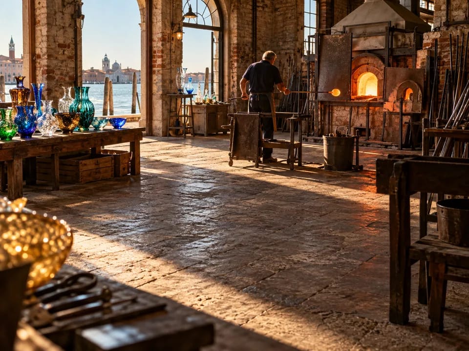 Glass master seen from behind shaping glowing glass beside the furnace of a Murano workshop, Murano glass mark with blockchain in Italy