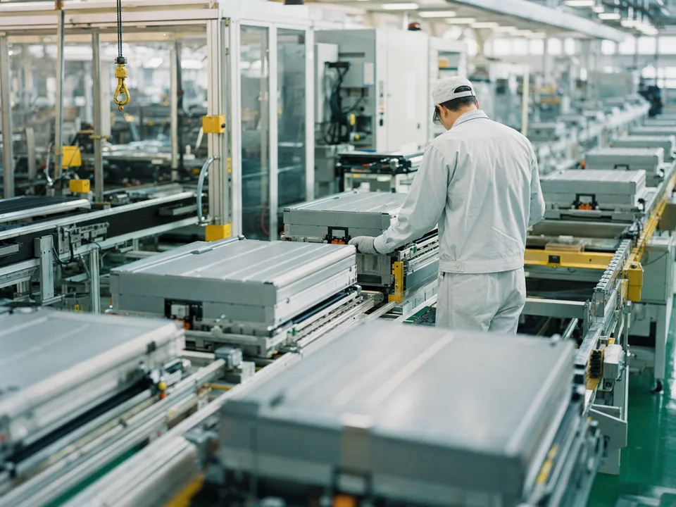 Lithium battery modules on a Japanese assembly line with a worker seen from behind, battery carbon footprint with blockchain in Japan