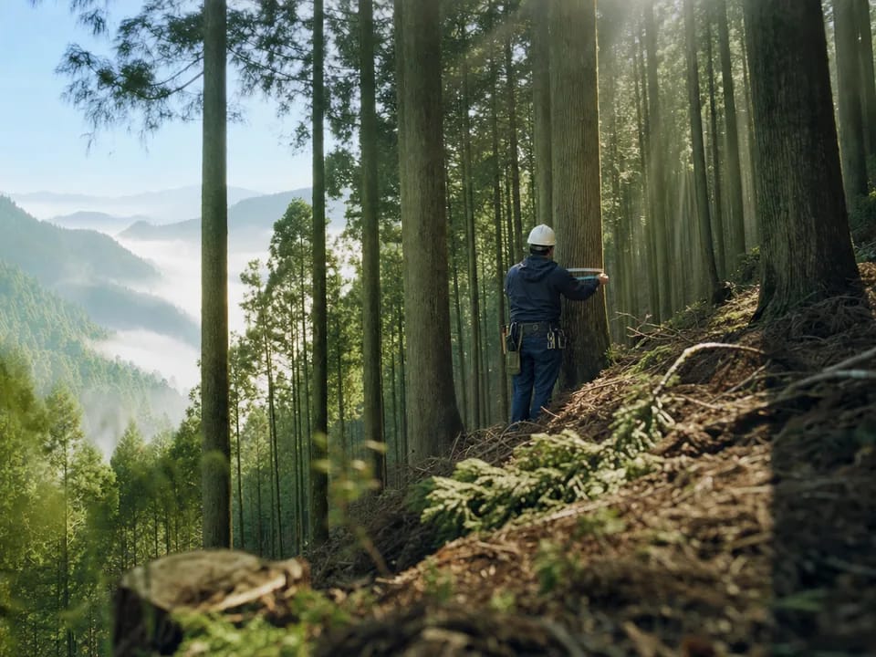 Japanese cedar plantation on a misty hillside with a forester seen from behind, forest carbon credits with blockchain in Japan