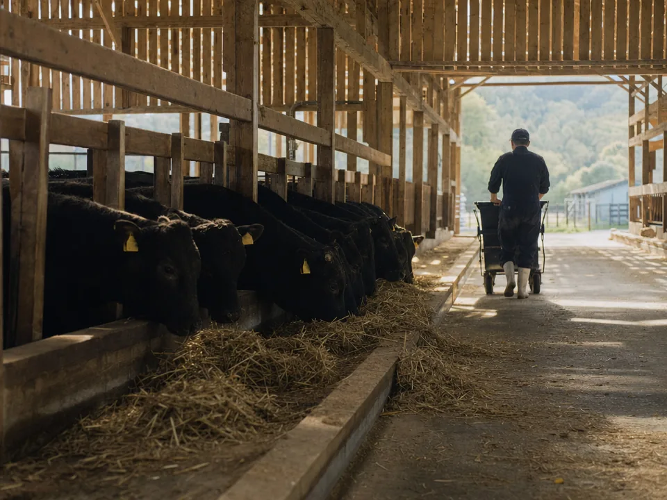 Black wagyu cattle with yellow ear tags in a wooden barn, wagyu traceability with blockchain in Japan