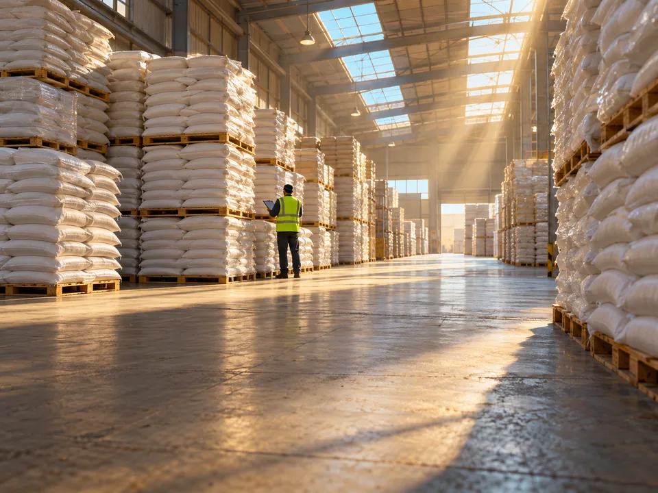 Operario de espaldas junto a palés de sacos de arroz y azúcar en un almacén de abastecimiento de Kuwait, alimentos subvencionados con blockchain en Kuwait