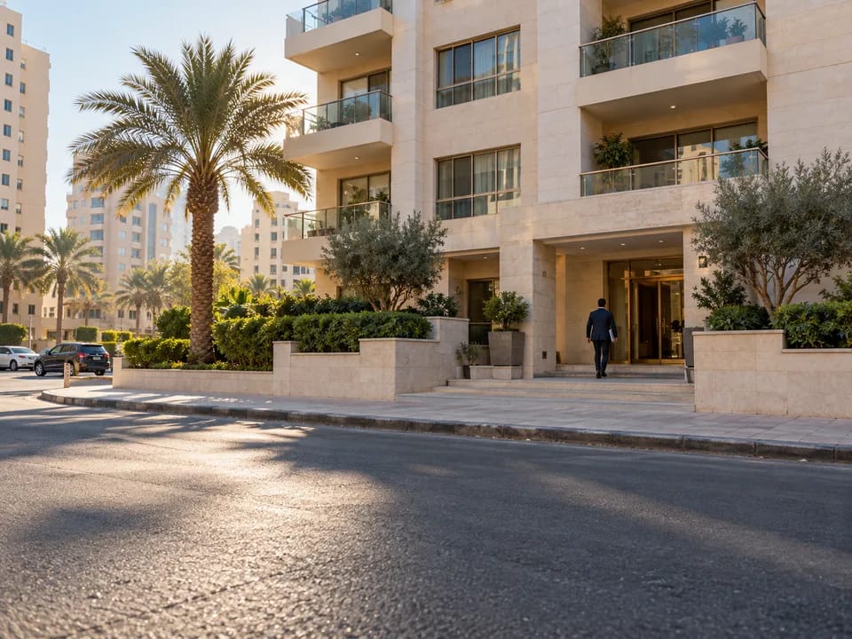 Edificio de apartamentos de fachada clara con balcones en Salmiya, con un agente inmobiliario de espaldas en la entrada, expedientes de corretaje con blockchain en Kuwait