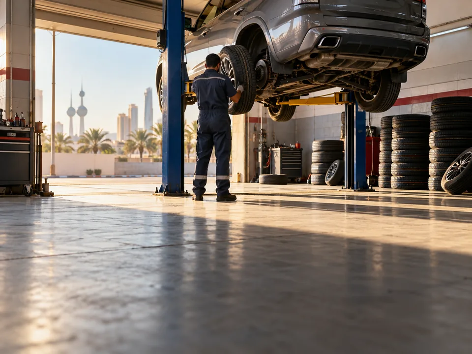 Técnico de espaldas cambiando un neumático de un todoterreno elevado en un taller de Kuwait, retiradas de vehículos y neumáticos con blockchain en Kuwait