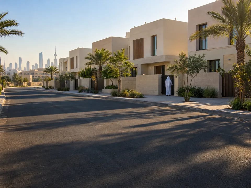 Hilera de viviendas familiares recién construidas en un nuevo barrio residencial de Kuwait, turnos de vivienda pública con blockchain en Kuwait