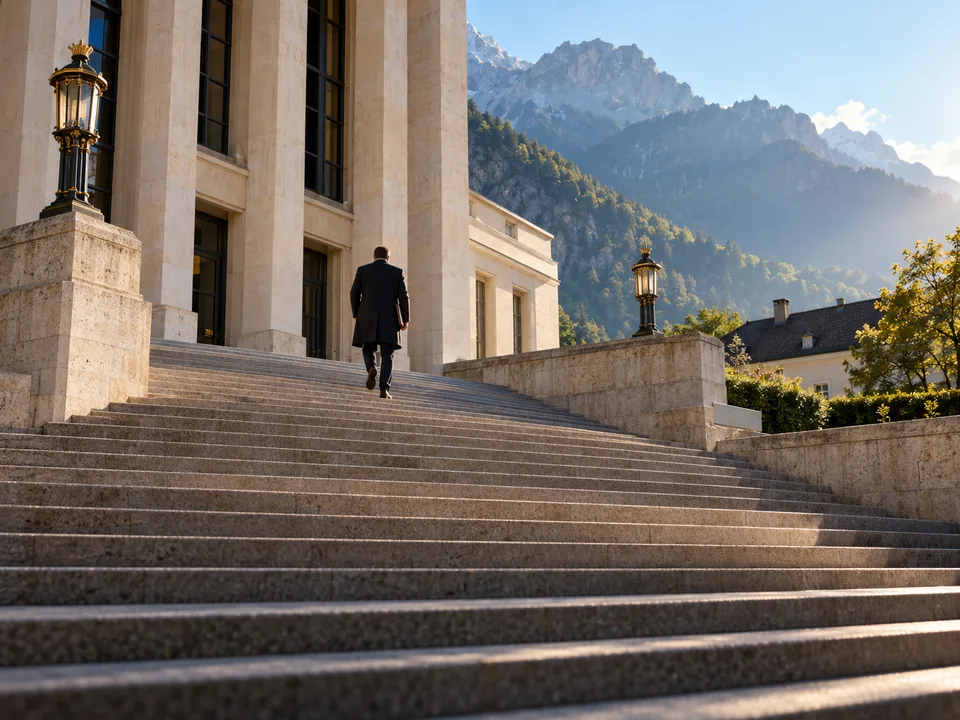 Abogada de espaldas subiendo con una carpeta la escalinata de piedra de un juzgado en Vaduz, tokens con clave perdida con blockchain en Liechtenstein