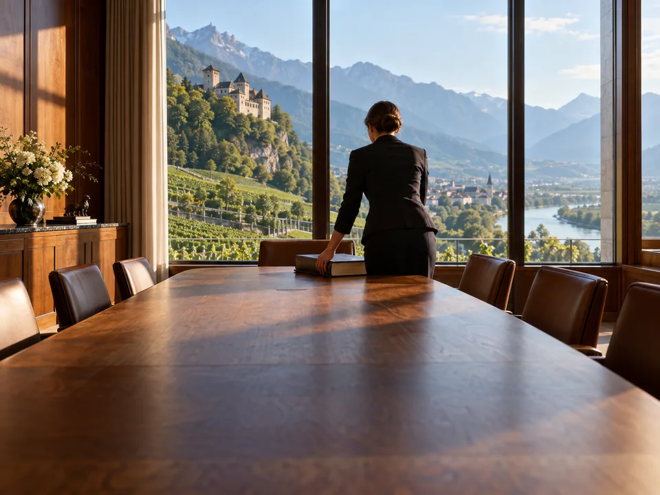 Secretaria de una sociedad de espaldas dejando un libro registro de socios sobre la mesa de una sala de juntas en Vaduz, participaciones en tokens con blockchain en Liechtenstein