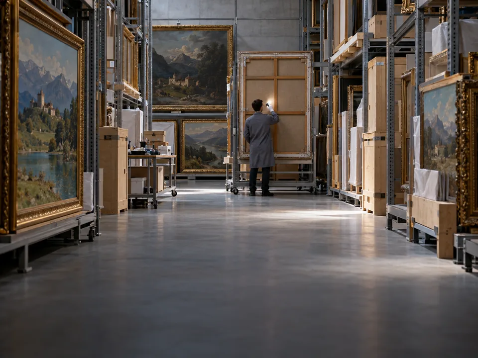Verificador de espaldas revisando un cuadro con una linterna en un depósito de arte climatizado de Liechtenstein, bienes con verificador físico con blockchain en Liechtenstein