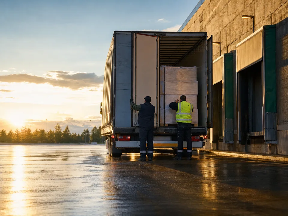 Driver seen from behind closing the doors of a semi-trailer at a loading dock near Kaunas, e-CMR consignment note with blockchain in Lithuania