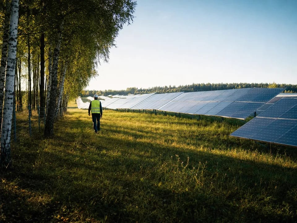 Solar park among flat fields and birch trees in rural Lithuania, shared solar parks with blockchain in Lithuania