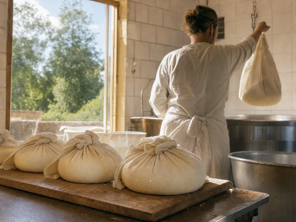 Curd cheeses pressed in linen cloths on a wooden board in a Lithuanian dairy, curd cheese traceability with blockchain in Lithuania
