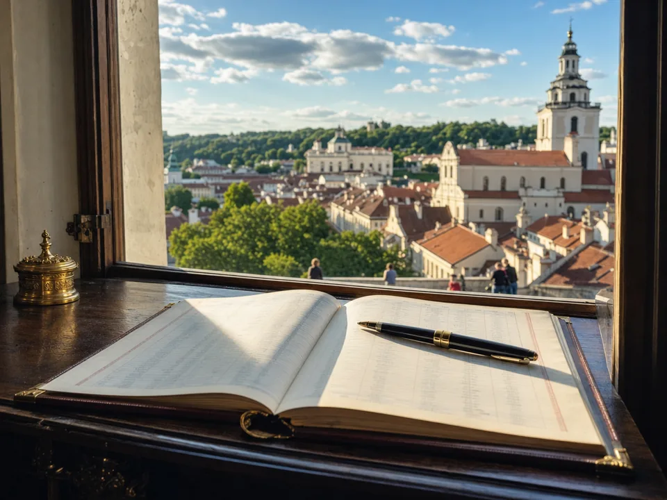 Pen resting on a bound register ledger in an office overlooking the rooftops of Vilnius old town, securities on a DLT register with blockchain in Lithuania