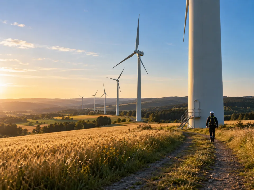 Wind turbines among cereal fields on the plateau of the Luxembourg Ardennes with a technician seen from behind, green bonds on LGX with blockchain in Luxembourg