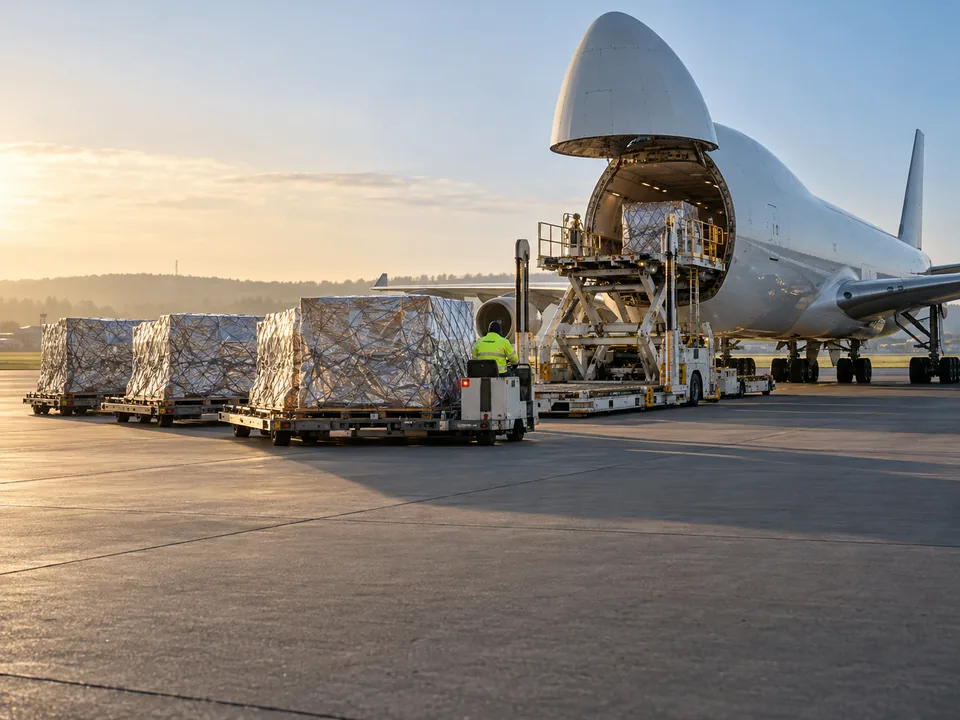 Pharmaceutical pallets under silver thermal covers beside a freighter aircraft at Luxembourg Airport, pharmaceutical air cargo with blockchain in Luxembourg