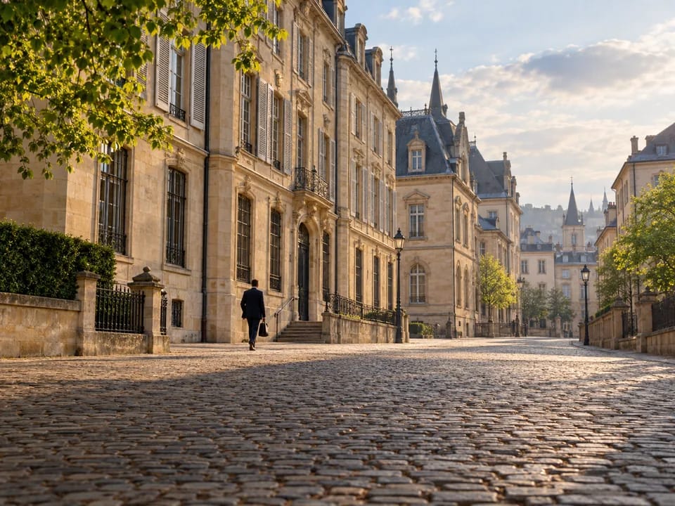 Historic government buildings in Luxembourg's Ville Haute with pedestrians seen from behind, digital Treasury certificates with blockchain in Luxembourg