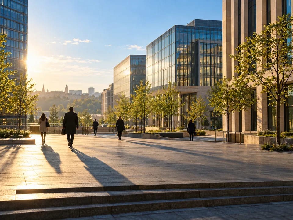 Glass office buildings on the Kirchberg plateau in the early morning with employees seen from behind, tokenized funds with blockchain in Luxembourg
