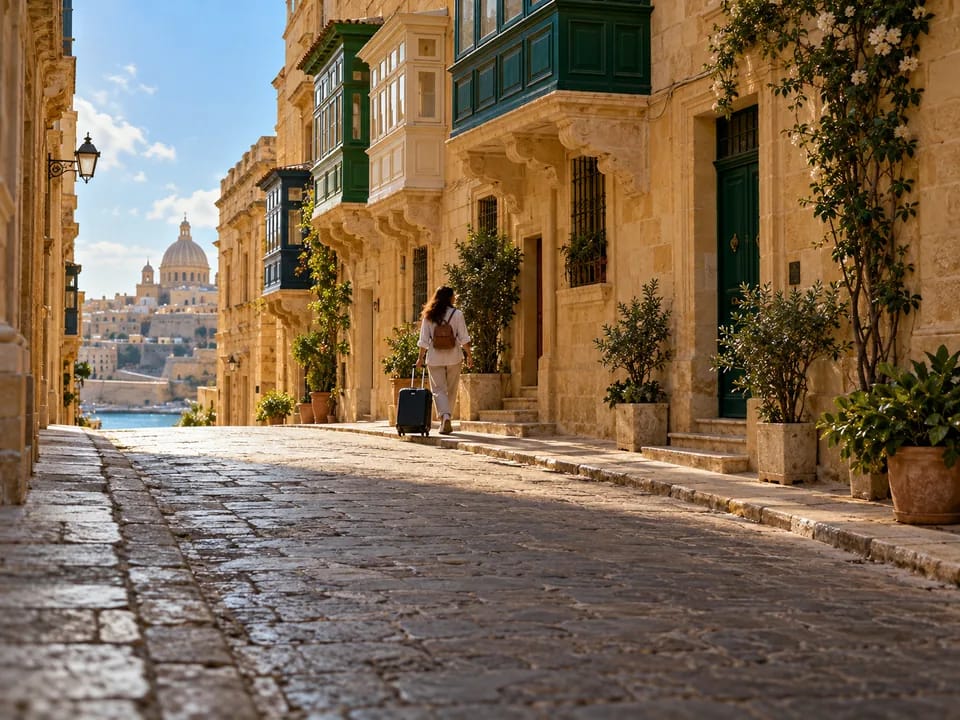 Limestone facade with colourful wooden balconies on a Valletta street with a tourist seen from behind, licensed holiday lets with blockchain in Malta