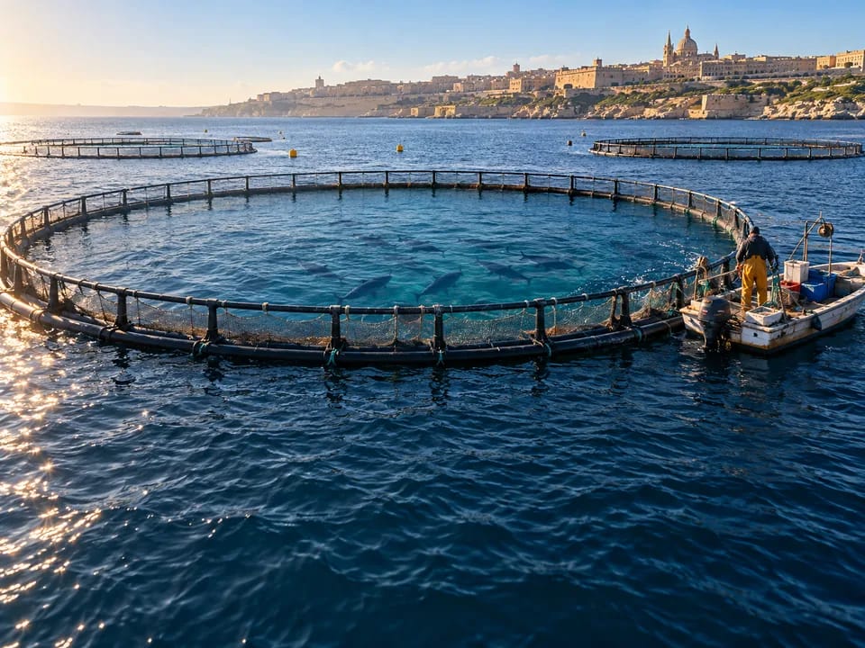 Circular bluefin tuna farming cages at sea off the coast of Malta with a fisherman seen from behind on a boat, farmed bluefin tuna with blockchain in Malta
