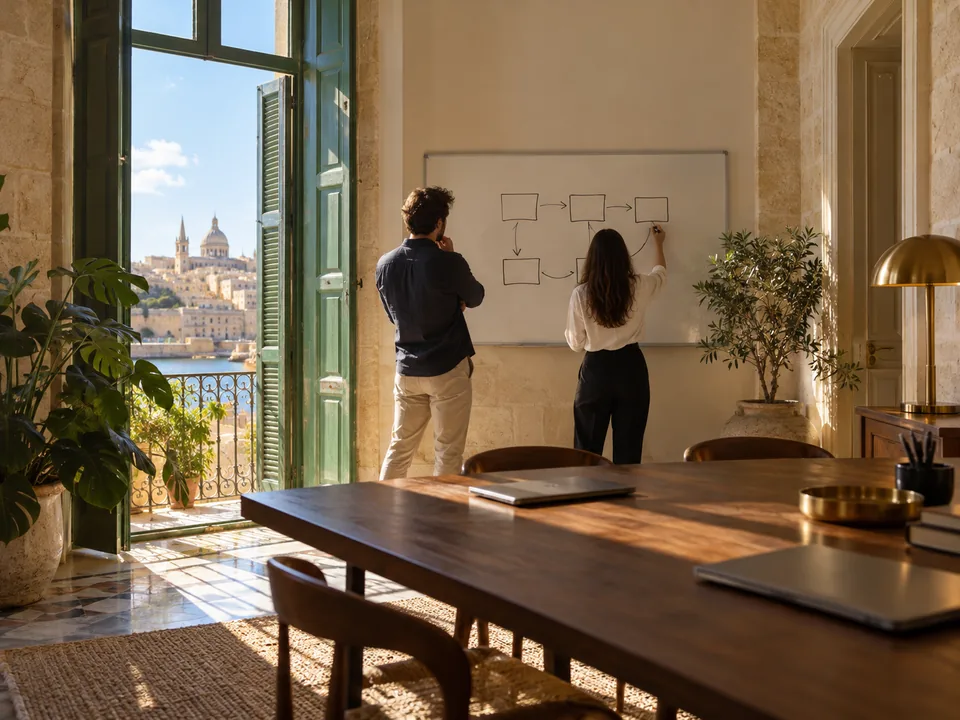 Two people seen from behind at a whiteboard in an office inside a Valletta limestone townhouse, regulatory sandbox testing with blockchain in Malta