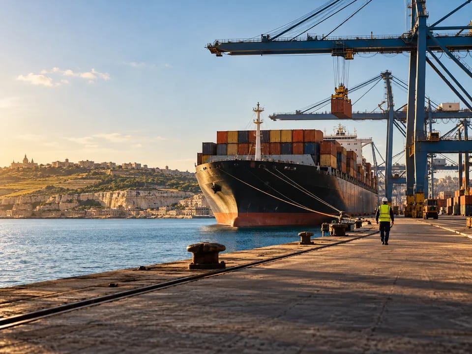 Container ship berthed at the Malta Freeport quay with a dock worker seen from behind, container transhipment with blockchain in Malta