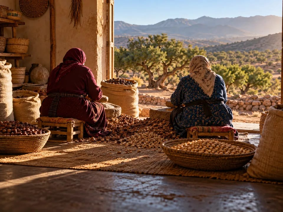 Women seen from behind cracking argan nuts with stones beside sacks of dried fruit in a Souss valley cooperative, argan with geographical indication and blockchain in Morocco