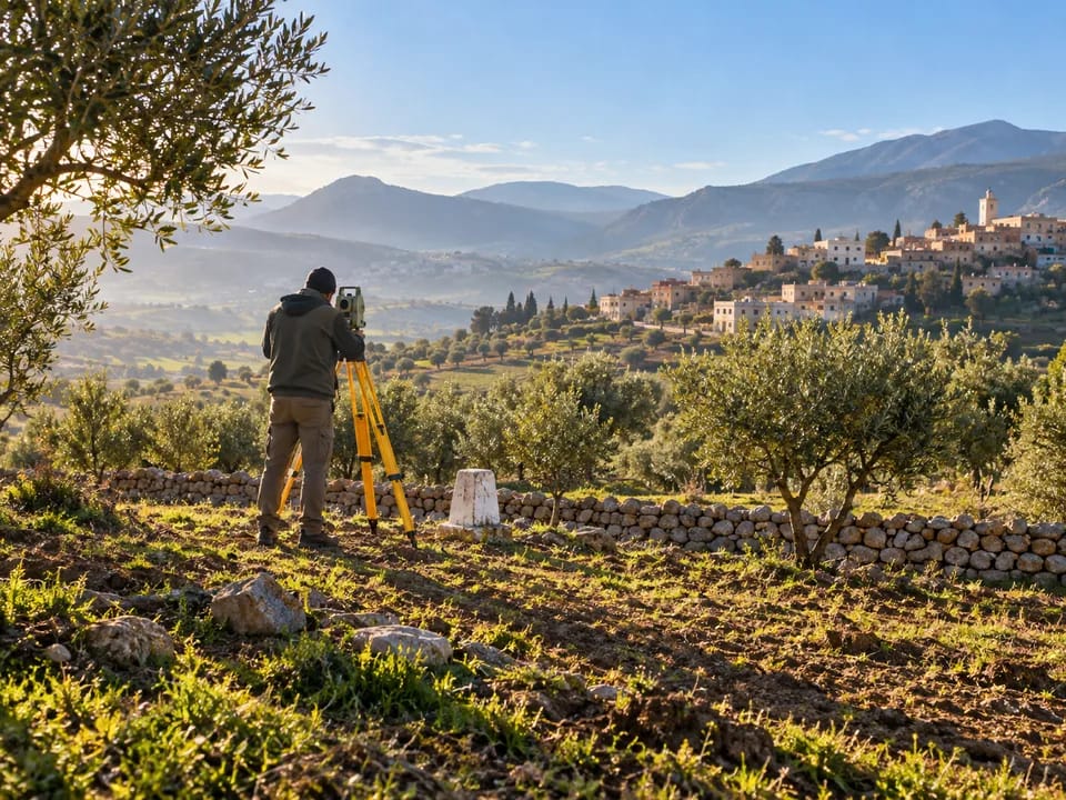 Surveyor seen from behind with a total station on a tripod beside a boundary marker on a rural plot with olive trees, land titles and cadastral plans with blockchain in Morocco