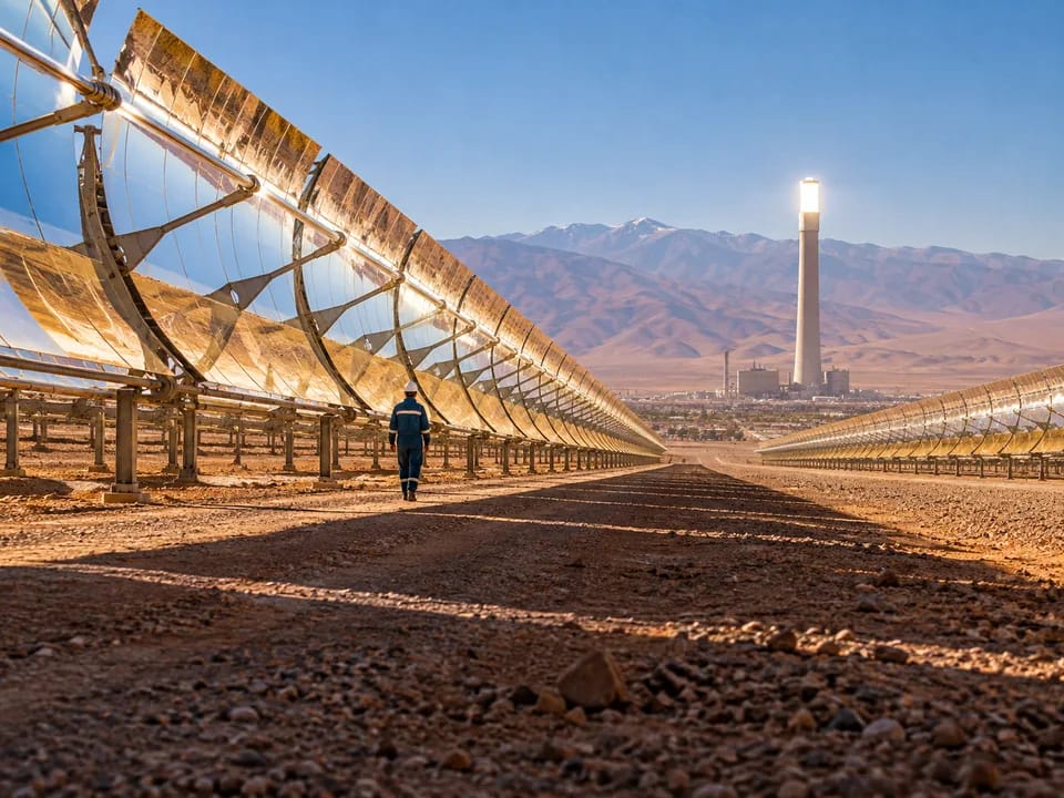 Rows of parabolic trough mirrors at the Noor solar complex in the stony Ouarzazate desert with the solar tower behind, solar power origin with blockchain in Morocco