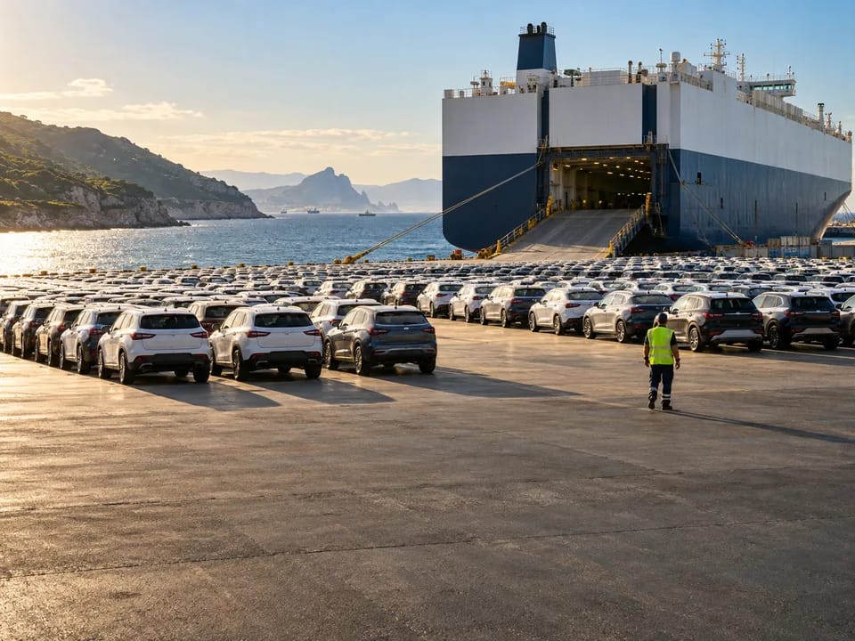 Rows of new cars on the vehicle terminal yard at Tanger Med beside a car carrier ship, vehicle traceability with blockchain in Morocco