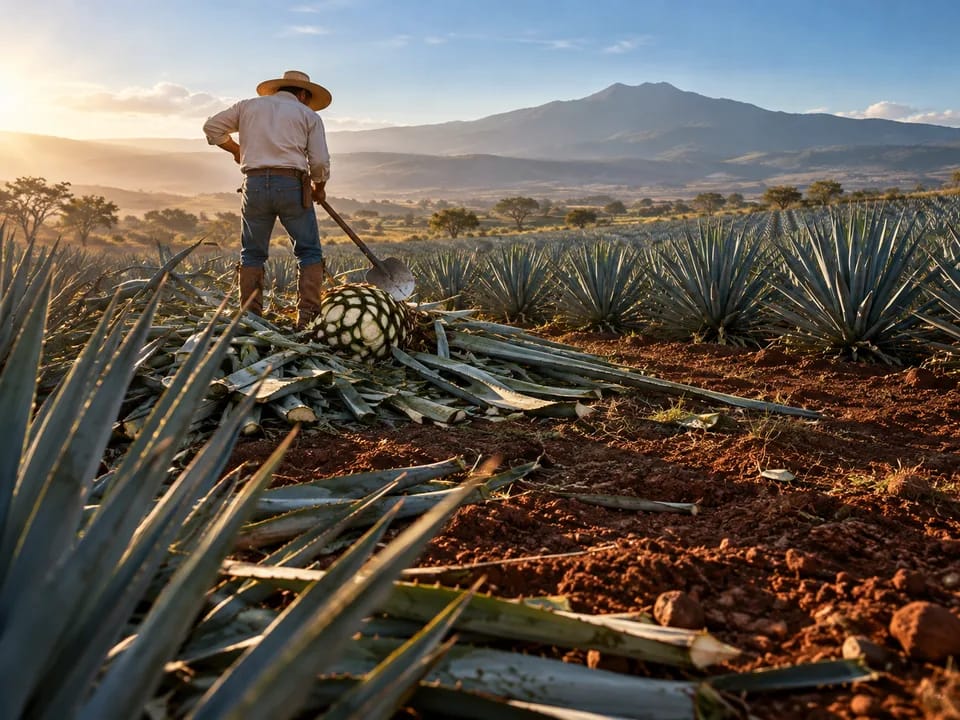 Jimador de espaldas cortando las pencas de un agave azul en un campo de Jalisco, trazabilidad del agave del tequila con blockchain en México