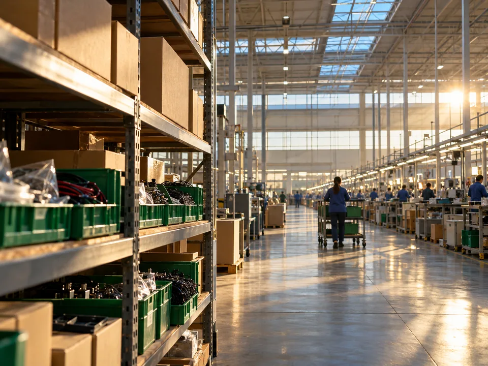 Maquiladora floor in Ciudad Juárez with boxes of components on shelving and an assembly line behind, maquiladora inventory with blockchain in Mexico