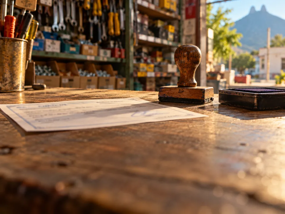 Signed promissory note beside a rubber stamp on the counter of a Monterrey hardware shop, electronic promissory notes with blockchain in Mexico