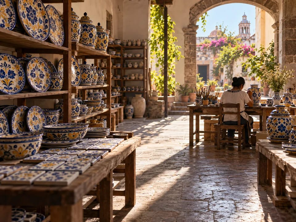 Platos y jarrones de Talavera pintados a mano en azul cobalto secándose en las baldas de un taller de Puebla, Talavera certificada con blockchain en México
