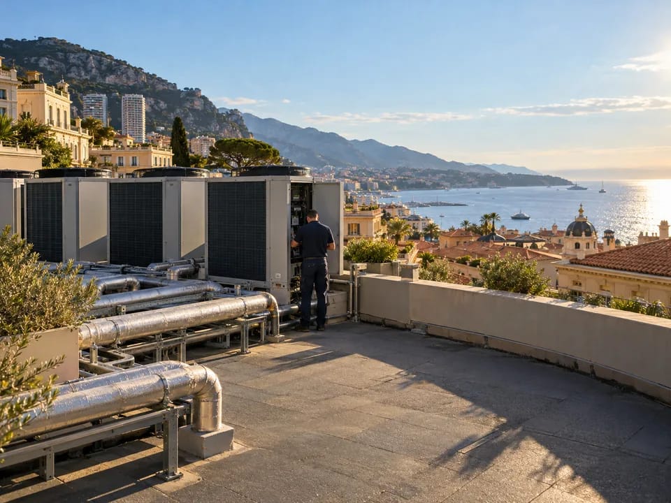 Técnico de espaldas junto a unidades de bomba de calor en la azotea de un edificio de Mónaco con el mar al fondo, bombas de calor colectivas con blockchain en Mónaco