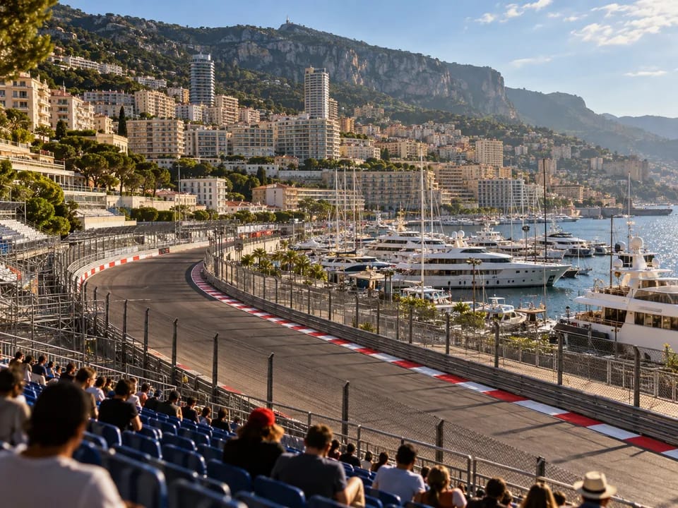 Gradas junto al circuito urbano de Mónaco sobre el puerto, con espectadores de espaldas antes de la carrera, entradas del Grand Prix con blockchain en Mónaco