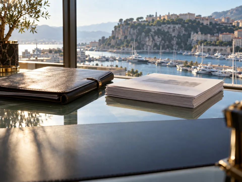 Carpeta de piel con documentos sobre una mesa de cristal en un despacho con vistas al Port Hercule, ofertas de tokens con label y blockchain en Mónaco