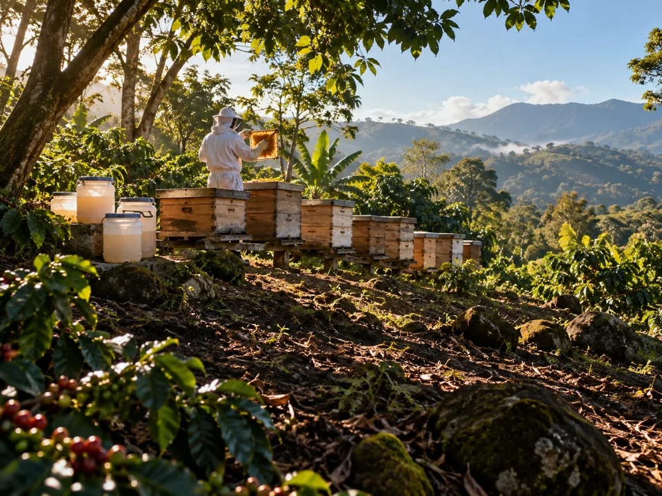 Beekeeper seen from behind in a white suit among wooden hives in a shade-grown coffee farm in northern Nicaragua, honey traceability with blockchain in Nicaragua