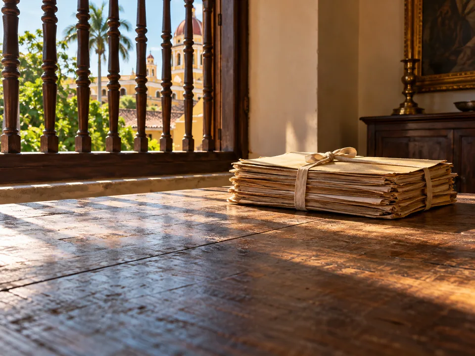 Case folders tied with ribbon on a wooden table beside a colonial window in Granada, a file for every offering with blockchain in Nicaragua