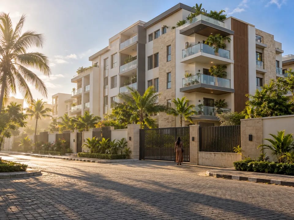 Bloque de viviendas de nueva construcción con balcones en una calle de Lekki, en Lagos, inmuebles tokenizados con blockchain en Nigeria