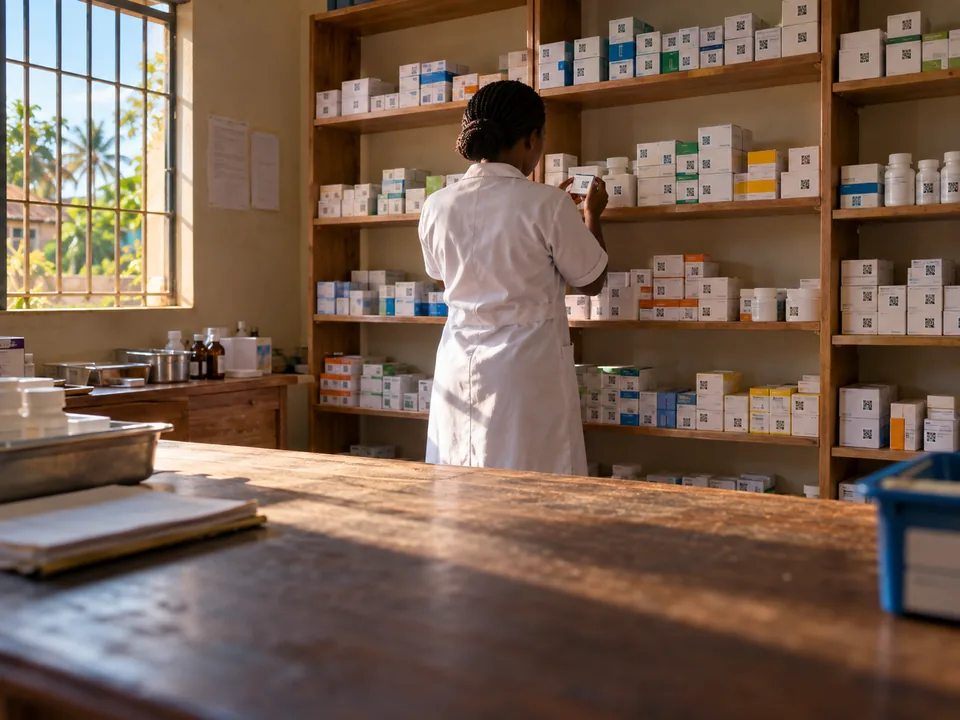 Estanterías con cajas de medicamentos en la farmacia de un centro de salud nigeriano, trazabilidad de medicamentos con blockchain en Nigeria