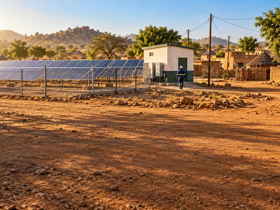 Paneles solares de una minirred junto a una caseta de baterías en un pueblo del norte de Nigeria, minirredes solares con blockchain en Nigeria