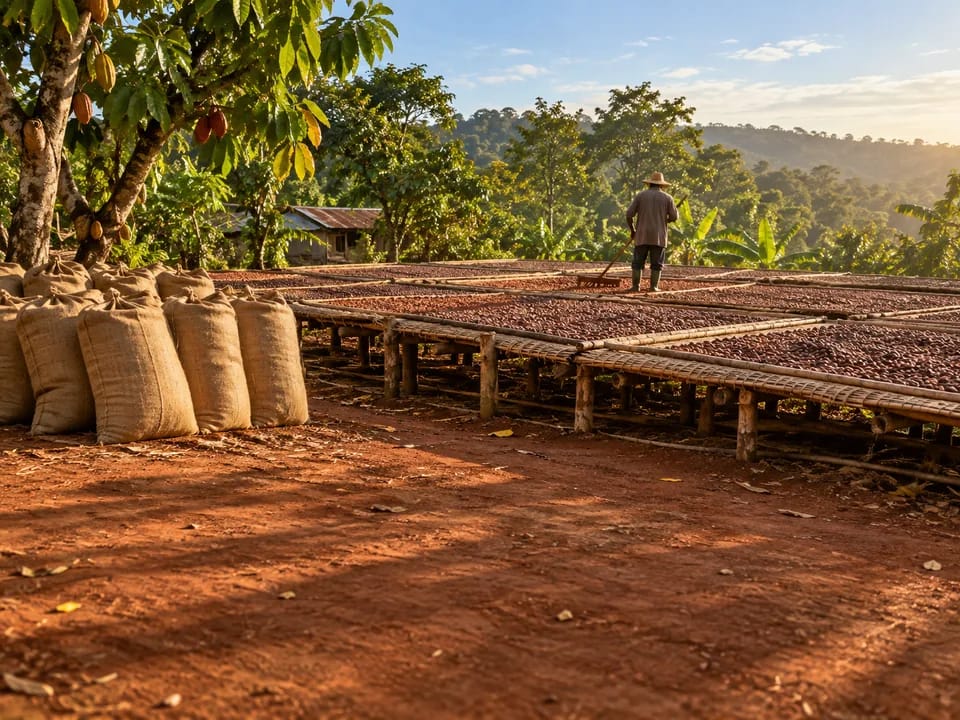 Granos de cacao secándose al sol sobre esteras con sacos de yute al lado en una aldea de Ondo, cacao por grados con blockchain en Nigeria