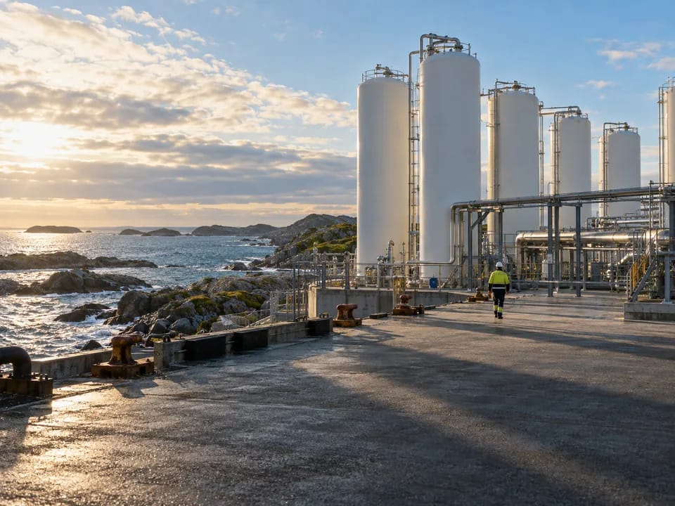 CO2 receiving terminal with white storage tanks beside a quay on the Øygarden coast, CO2 storage with blockchain in Norway
