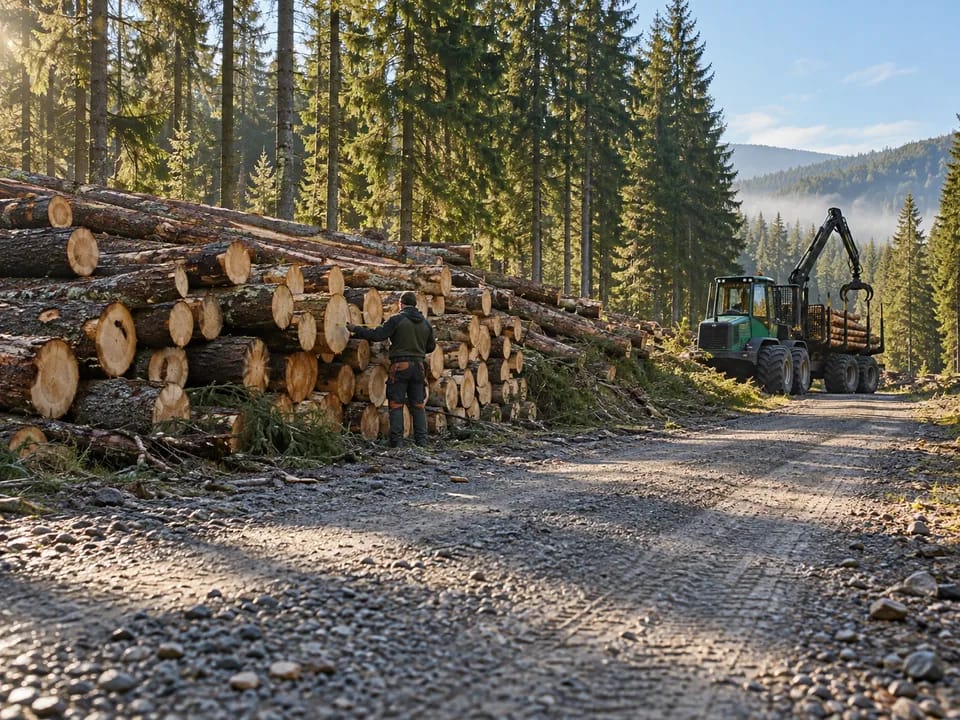 Spruce logs stacked beside a forest road in a Norwegian forest with a forester seen from behind, timber and skogfond with blockchain in Norway