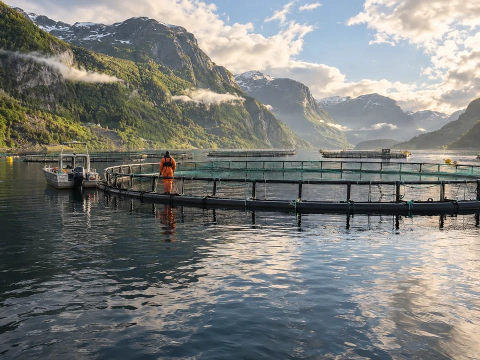 Circular pens of a salmon farm in a Norwegian fjord with a worker seen from behind on the walkway, farmed salmon with blockchain in Norway