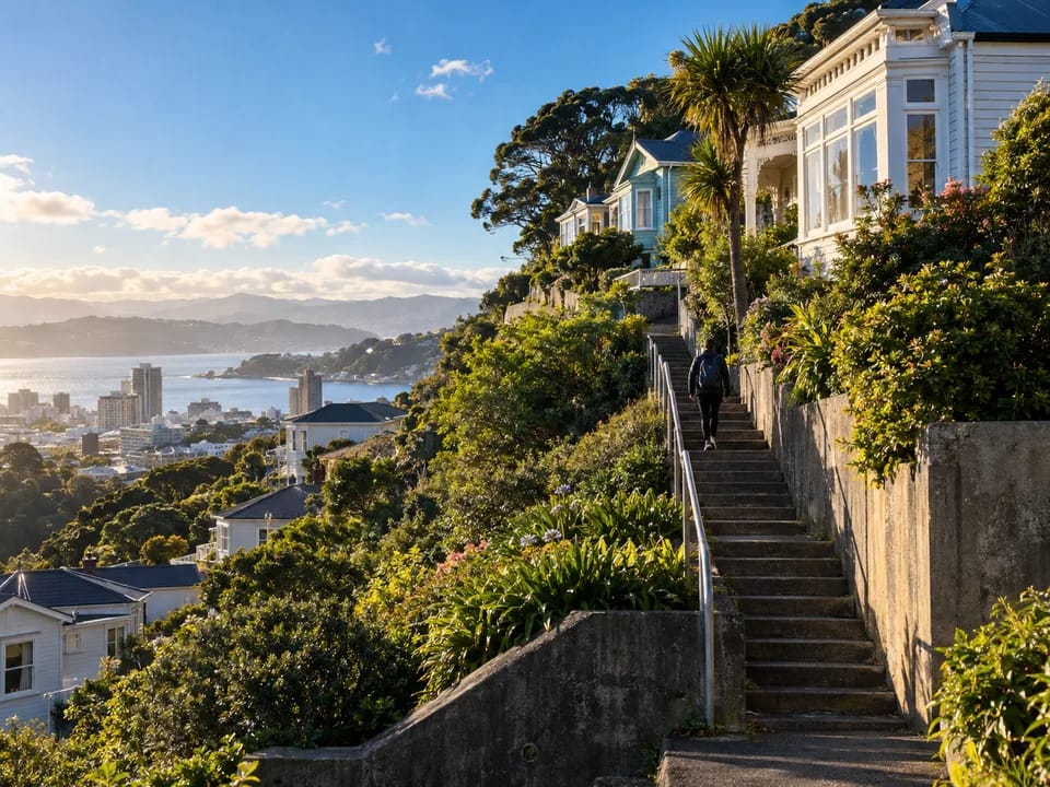 Casas de madera escalonadas en una ladera de Wellington con un vecino de espaldas subiendo la escalera, seguro de riesgos naturales con blockchain en Nueva Zelanda