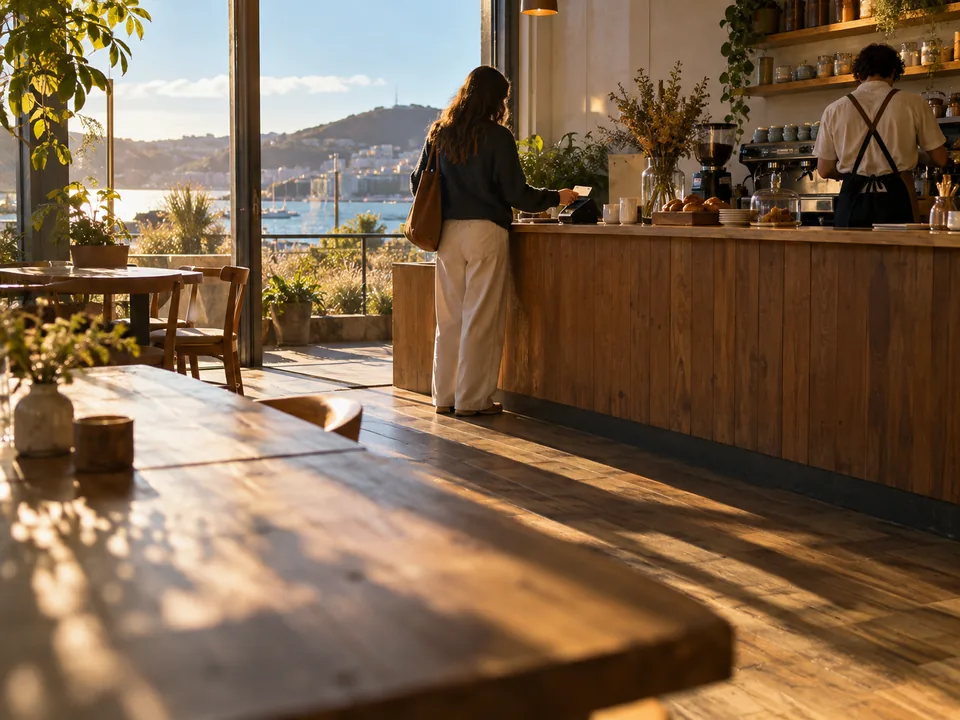 Cliente de espaldas pagando en el mostrador de una cafetería de Wellington, stablecoin en dólar neozelandés con blockchain en Nueva Zelanda